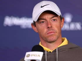 Rory McIlroy was a bit more stern-faced than usual when he spoke at a press conference prior to the 2023 PGA Championship at Oak Hill Country Club in Rochester, New York. Picture: Andrew Redington/Getty Images.