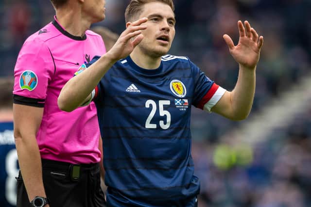 Scotland's James Forrest is left exasperated after almost scoring in the Euro 2020 opening game defeat to the Czech Republic - with the tournament yet to yield a goal for Steve Clarke's men who will be eliminated if they draw another blank in their section closer against Croatia. (Photo by Craig Williamson / SNS Group)