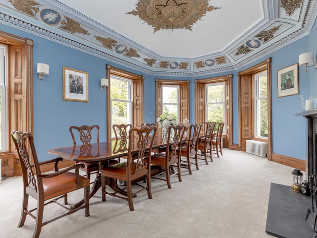 It features a grand open fireplace and detailed ceiling plasterwork