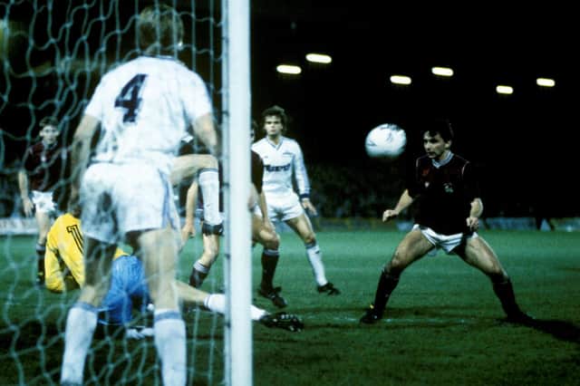 Another European night, this time against Austria Vienna in 1988, as John Colquhoun (right) watches his effort saved by Vienna goalkeeper Franz Wohlfahrt