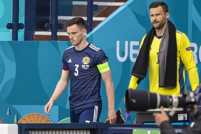 Scotland captain Andy Robertson leads his side out during a Euro 2020 match between Scotland and Czech Republic at Hampden Park on June 14, 2021, in Glasgow, Scotland. (Photo by Craig Williamson / SNS Group)