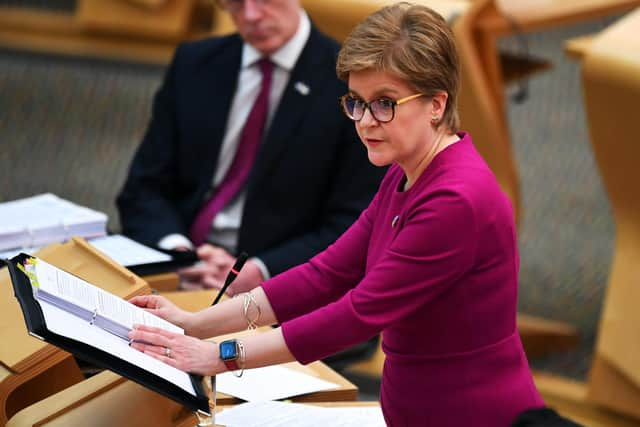 Scotland's First Minister Nicola Sturgeon during First Minster's Questions at the Scottish Parliament in Holyrood, Edinburgh. Picture date: Thursday March 10, 2022.