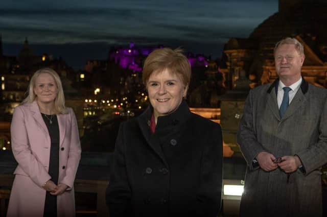 Chief executive Eilidh Mactaggart, First Minister Nicola Sturgeon, and chair Willie Watt mark the launch of the Scottish National Investment Bank. Picture: Nick Mailer