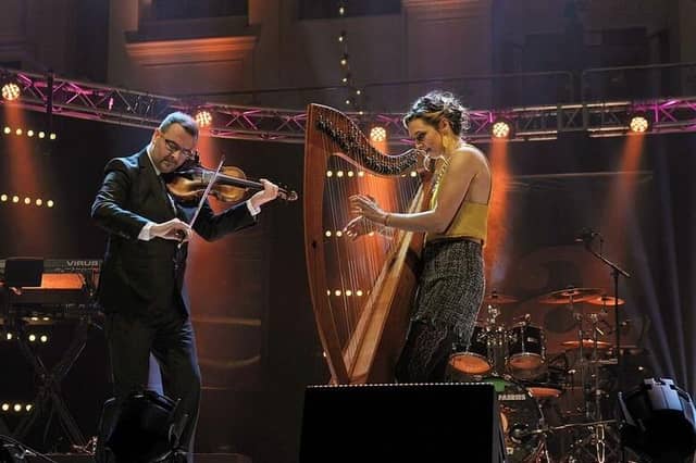 Fiddle and harp duo Chris Stout and Catriona McKay will perform against a dramatic backdrop seascape filmed by Sorley MacDonald