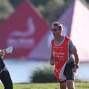 Victor Perez and his caddie James Erkenbeck celebrate the Frenchman holing out of a greenside bunker in the final round.Picture: Oisin Keniry/Getty Images.