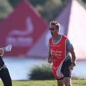 Victor Perez and his caddie James Erkenbeck celebrate the Frenchman holing out of a greenside bunker in the final round.Picture: Oisin Keniry/Getty Images.