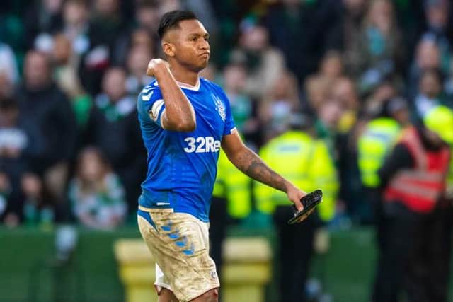Rangers' Alfredo Morelos gestures to the supporters as he is sent off during the Ladbrokes Premiership match between Celtic and Rangers at Celtic Park on December 29, 2019 in Glasgow, Scotland. (Photo by Craig Williamson / SNS Group)