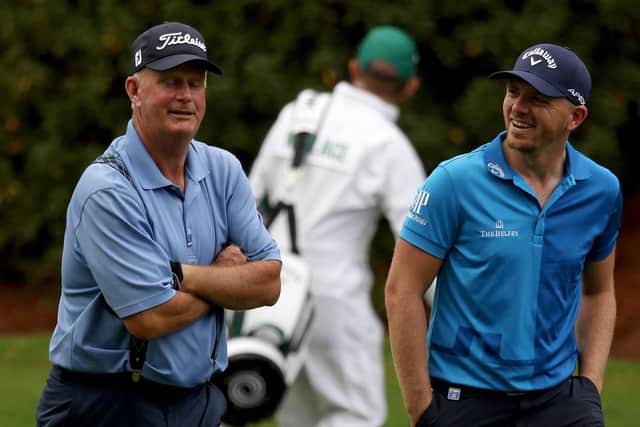 Sandy Lyle and Matt Wallace share a laugh during a practice round prior to the Masters at Augusta National Golf Club. Picture: Rob Carr/Getty Images