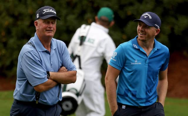 Sandy Lyle and Matt Wallace share a laugh during a practice round prior to the Masters at Augusta National Golf Club. Picture: Rob Carr/Getty Images