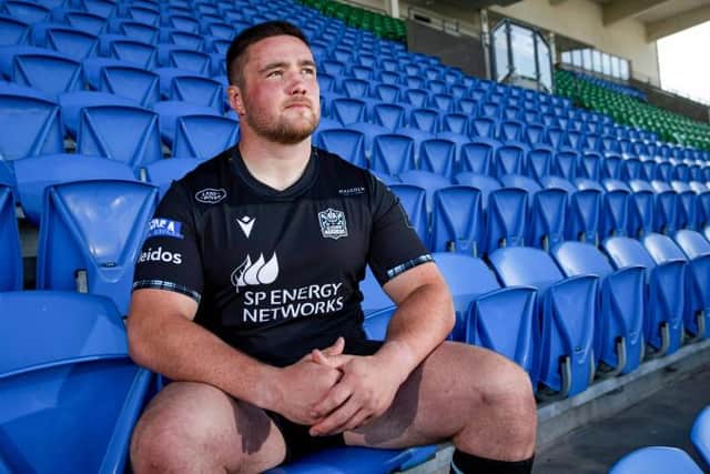 Zander Fagerson at Scotstoun on Wednesday for the unveiling of the new Glasgow Warrior playing kits. Picture: SRU/SNS