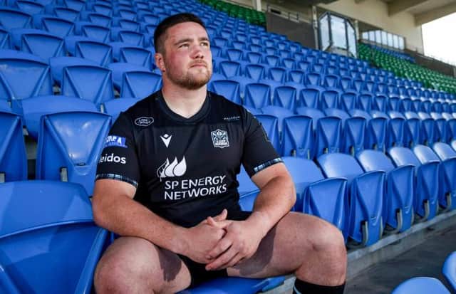 Zander Fagerson at Scotstoun on Wednesday for the unveiling of the new Glasgow Warrior playing kits. Picture: SRU/SNS