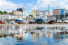 Boats in Tenby bay at low tide with the town above. Pic: Tamas Gabor
