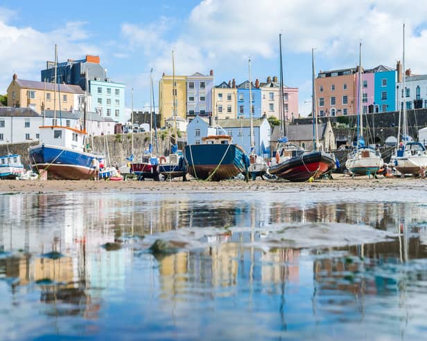 Boats in Tenby bay at low tide with the town above. Pic: Tamas Gabor