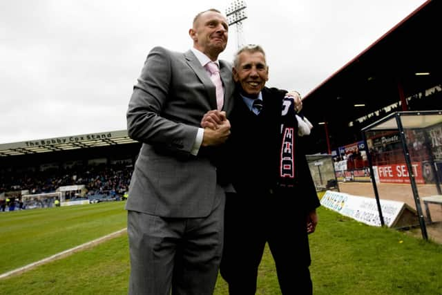 Pat Liney (right) with fellow Dundee goalkeeper Rab Douglas in 2013