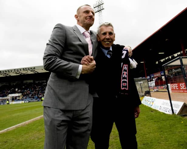 Pat Liney (right) with fellow Dundee goalkeeper Rab Douglas in 2013