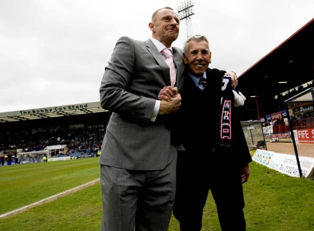 Pat Liney (right) with fellow Dundee goalkeeper Rab Douglas in 2013