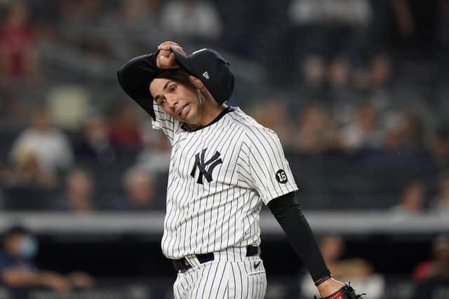 New York Yankees relief pitcher Luis Cessa reacts coming off the mound during the 6-5 loss to Boston Red Sox. Picture: Kathy Willens/AP