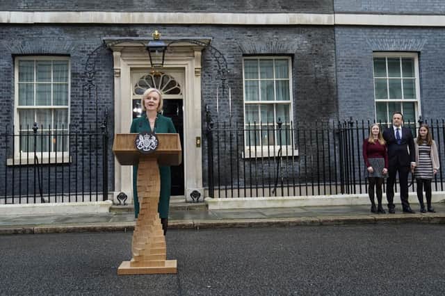 Outgoing Prime Minister Liz Truss making a speech outside 10 Downing Street