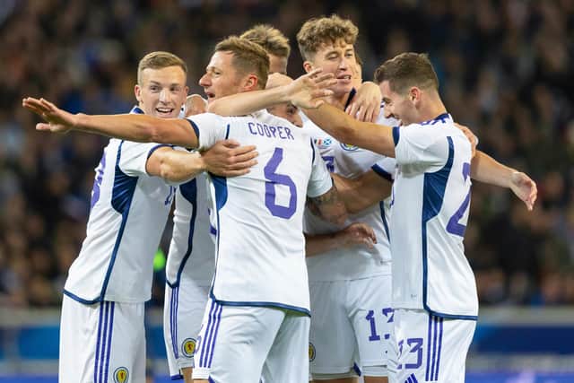 Scotland's Lewis Ferguson, Liam Cooper, Jack Hendry and Kenny McLean celebrate Billy Gilmour's goal in a recent friendly against France.