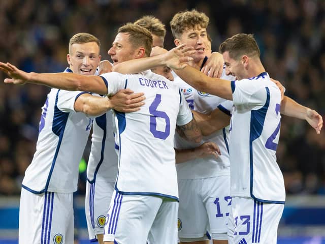 Scotland's Lewis Ferguson, Liam Cooper, Jack Hendry and Kenny McLean celebrate Billy Gilmour's goal in a recent friendly against France.
