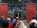 Rishi Sunak speaks to local business leaders during a visit to a Coca-Cola plant in Lisburn, Northern Ireland (Picture: Liam McBurney/WPA pool/Getty Images)