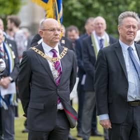 Lord Provost of the City of Edinburgh Robert Aldridge (left) joins Cabinet Secretary for Justice and Veterans Keith Brown MSP (right) and senior military personnel, as well as Falklands veterans and members of the wider armed forces community, to remember the 40th anniversary of the end of the conflict, during a parade and service of remembrance in Edinburgh. Picture date: Saturday June 18, 2022.