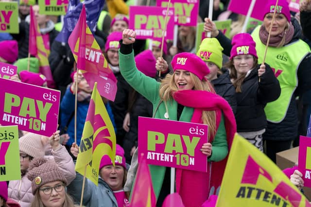 Striking teachers calling for a pay rise at a rally outside the Scottish Parliament