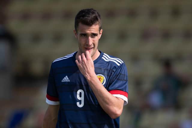 Ewan Urain in pensive mood during his Scotland under-21 debut that saw the Spanish-born-and-raised striker win a penalty that could not prevent Scot Gemmill's men losing out 2-1 in their friendly against Northern Ireland at Dumbarton on Wednesday. (Photo by Craig Foy / SNS Group)
