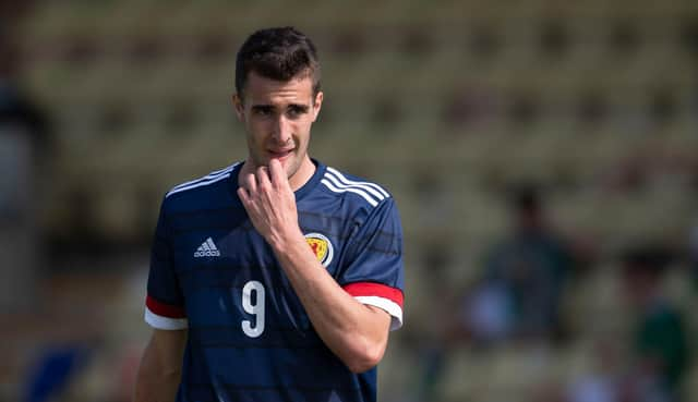 Ewan Urain in pensive mood during his Scotland under-21 debut that saw the Spanish-born-and-raised striker win a penalty that could not prevent Scot Gemmill's men losing out 2-1 in their friendly against Northern Ireland at Dumbarton on Wednesday. (Photo by Craig Foy / SNS Group)