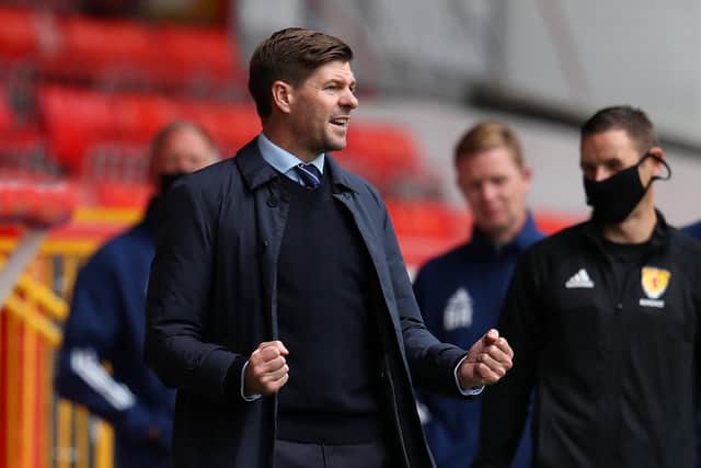 ABERDEEN, SCOTLAND - AUGUST 01: Steven Gerrard, Manager of Rangers FC reacts during the Ladbrokes Premiership match between Aberdeen and Rangers at Pittodrie Stadium on August 01, 2020 in Aberdeen, Scotland. Football Stadiums around Europe remain empty due to the Coronavirus Pandemic as Government social distancing laws prohibit fans inside venues resulting in all fixtures being played behind closed doors. (Photo by Andrew Milligan/Pool via Getty Images)