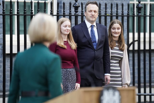 Outgoing Prime Minister Liz Truss making a speech outside 10 Downing Street, London, with her husband Hugh O'Leary and children Frances and Liberty behind, before travelling to Buckingham Palace for an audience with King Charles III to formally resign as PM.