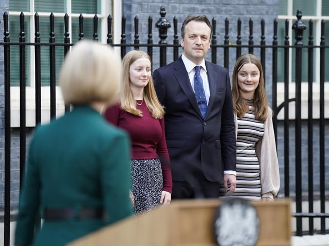 Outgoing Prime Minister Liz Truss making a speech outside 10 Downing Street, London, with her husband Hugh O'Leary and children Frances and Liberty behind, before travelling to Buckingham Palace for an audience with King Charles III to formally resign as PM.