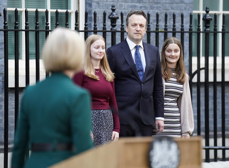 Outgoing Prime Minister Liz Truss making a speech outside 10 Downing Street, London, with her husband Hugh O'Leary and children Frances and Liberty behind, before travelling to Buckingham Palace for an audience with King Charles III to formally resign as PM.