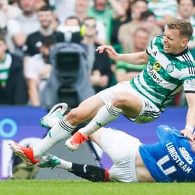 Rangers' John Lundstram was sent off for this tackle on Celtic's Alistair Johnston.