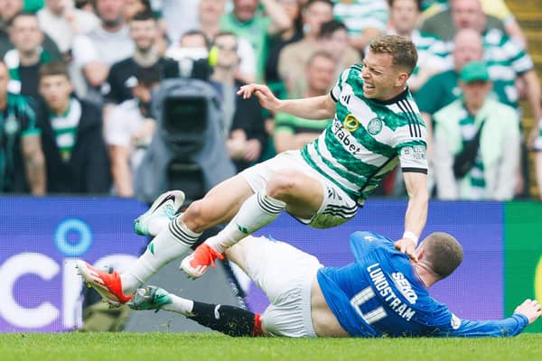 Rangers' John Lundstram was sent off for this tackle on Celtic's Alistair Johnston.