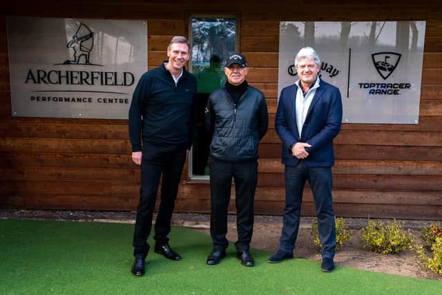 Tom Younger, CEO of Archerfield Links, renowned coach Pete Cowen and Callaway EMEA’s president and managing director Neil Howie celebrate the East Lothian venue becoming a High Performance Partner