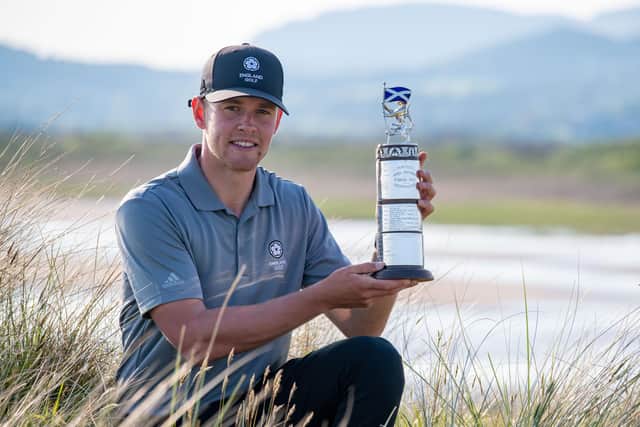 Callan Barrow shows off the Scottish Men's Open Trophy after his success at Southerness. Picture: Scottish Golf