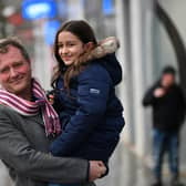 Nazanin Zaghari-Ratcliffe's husband Richard Ratcliffe and daughter Gabriella pictured after news of her release (Picture: Justin Tallis/AFP via Getty Images)