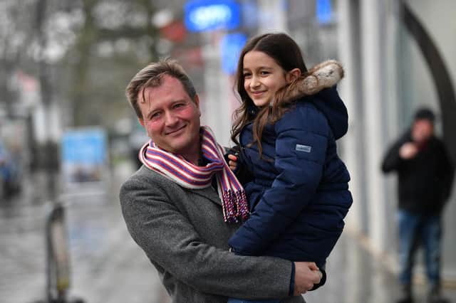 Nazanin Zaghari-Ratcliffe's husband Richard Ratcliffe and daughter Gabriella pictured after news of her release (Picture: Justin Tallis/AFP via Getty Images)