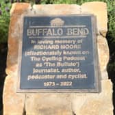 The plaque, at the "Buffalo Bend", designed by American ceramicist Stacy Snyder.