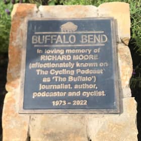 The plaque, at the "Buffalo Bend", designed by American ceramicist Stacy Snyder.