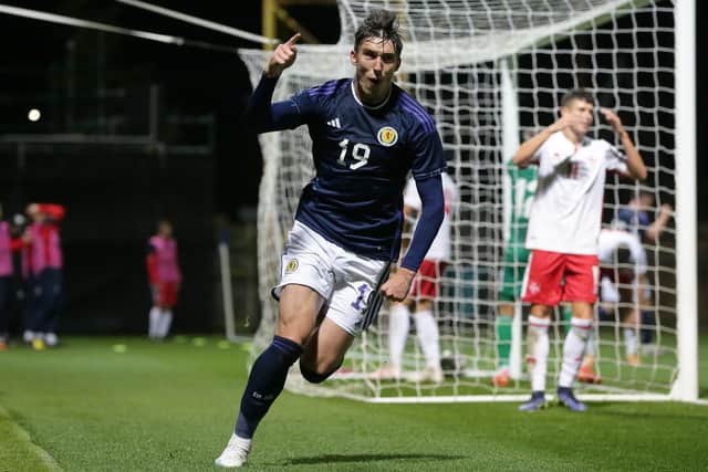 Kieron Bowie celebrates scoring for Scotland Under-21s against Malta at Fir Park in October. (Photo by Ewan Bootman / SNS Group)
