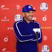 Sergio Garcia speaks to the media ahead of his 10th Ryder Cup appearance at Whistling Straits. Picture: Mike Ehrmann/Getty Images.