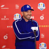 Sergio Garcia speaks to the media ahead of his 10th Ryder Cup appearance at Whistling Straits. Picture: Mike Ehrmann/Getty Images.