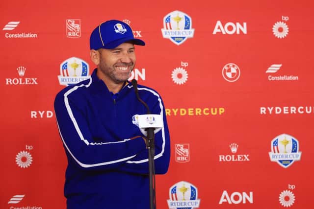 Sergio Garcia speaks to the media ahead of his 10th Ryder Cup appearance at Whistling Straits. Picture: Mike Ehrmann/Getty Images.