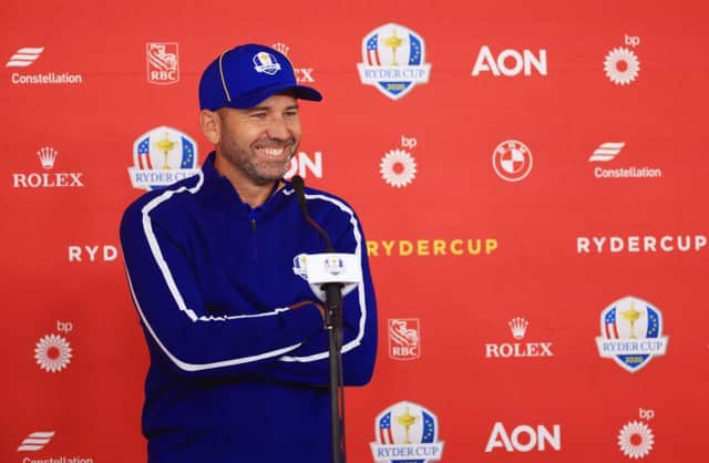 Sergio Garcia speaks to the media ahead of his 10th Ryder Cup appearance at Whistling Straits. Picture: Mike Ehrmann/Getty Images.