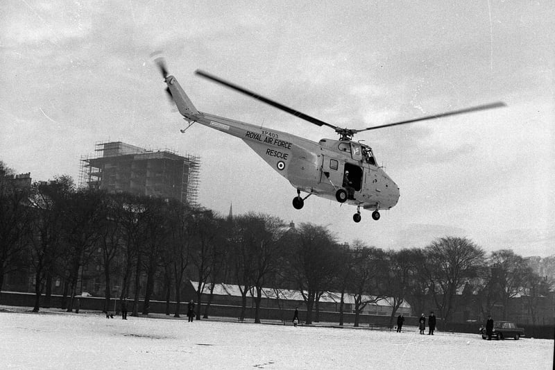 The winter of 1963 was one of the coldest on record in Scotland, with some areas blanketed with snow for two months. The Meadows was used as a makeshift helipad for food drops to those who were stranded. This RAF helicopter was taking off to deliver essentials to 14 people stranded on Byreclough Farm, near Edinburgh, on January 8.