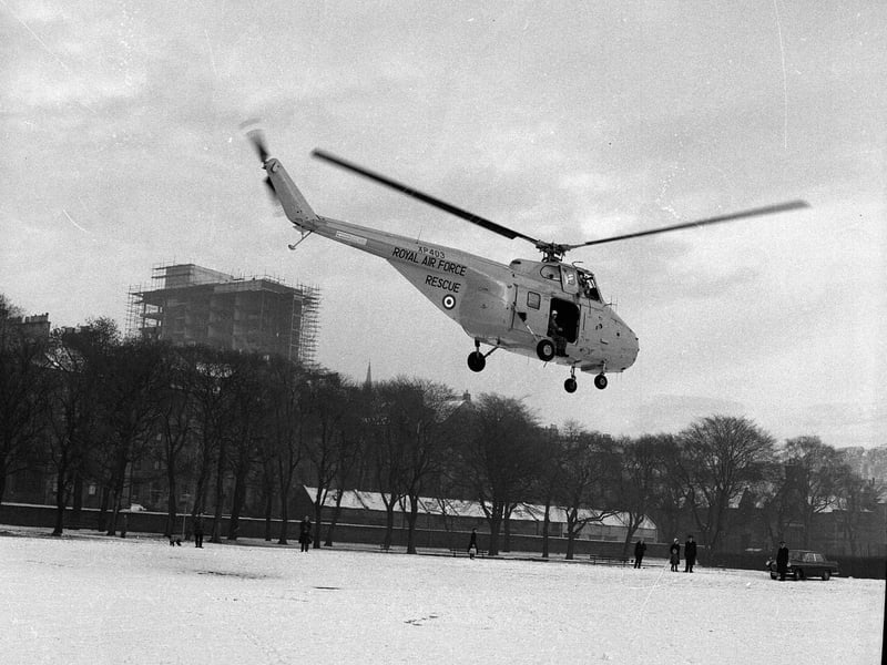 The winter of 1963 was one of the coldest on record in Scotland, with some areas blanketed with snow for two months. The Meadows was used as a makeshift helipad for food drops to those who were stranded. This RAF helicopter was taking off to deliver essentials to 14 people stranded on Byreclough Farm, near Edinburgh, on January 8.
