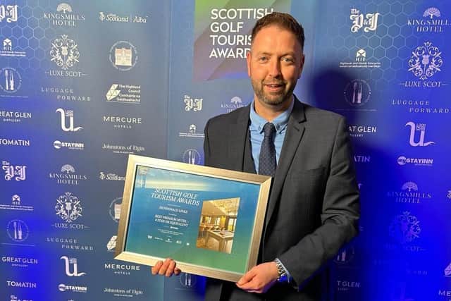 David-Ross Nicol, the head PGA Professional at Dundonald Links, shows off the Ayrshire venue's Scottish Golf Tourism Award in Inverness. Picture: DC Thomson