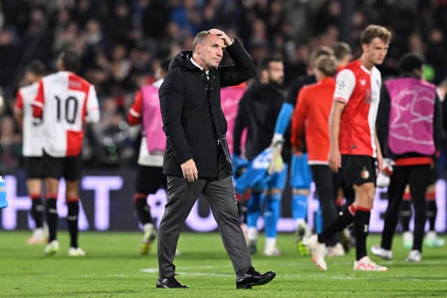 Celtic manager Brendan Rodgers reacts at the end of the Champions League defeat to Feyenoord in Rotterdam. (Photo by JOHN THYS/AFP via Getty Images)